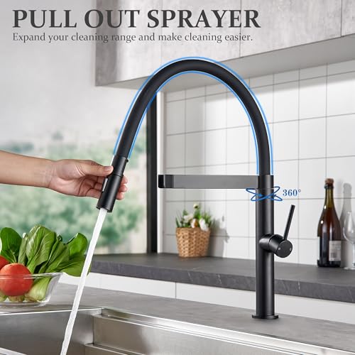 Tohlar Wasserhahn Küche Schwarz, Hochdruck Küchenarmatur mit Herausziehbarer Brause, Einhebel Küchenarmatur aus Edelstahl 360° schwenkbarer Ausziehbar Armatur