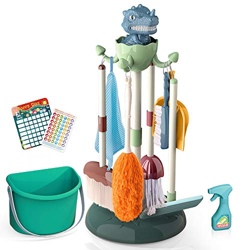 Mini Tudou 10 Pcs Kids Cleaning Set, Pretend Play Household Toys with Kid-Sized Dinosaur Stand, Bucket, Brush, Broom, Mop, Dustpan, Duster, Glass Cleaner, Rag, Housework Cards Detergent for Toddlers