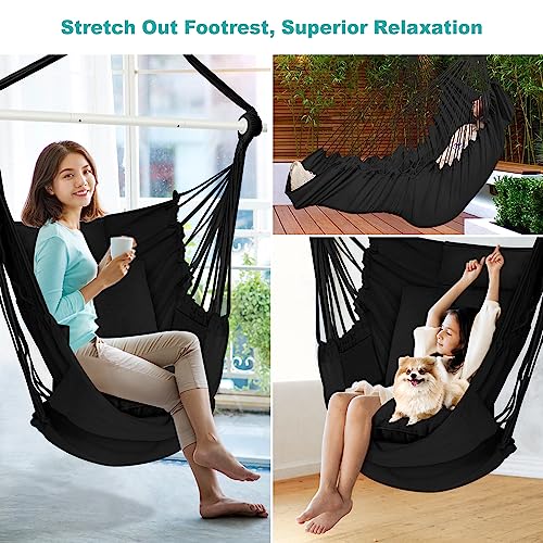 Image of Outerman Hammock Chair, Hanging Chair with 3 Cushions and Foot Rest Support, Durable Metal Spreader Bar Max 500Lbs, Swing Chair for Bedroom, Indoor & Outdoor, Patio, Porch or Tree(Black)