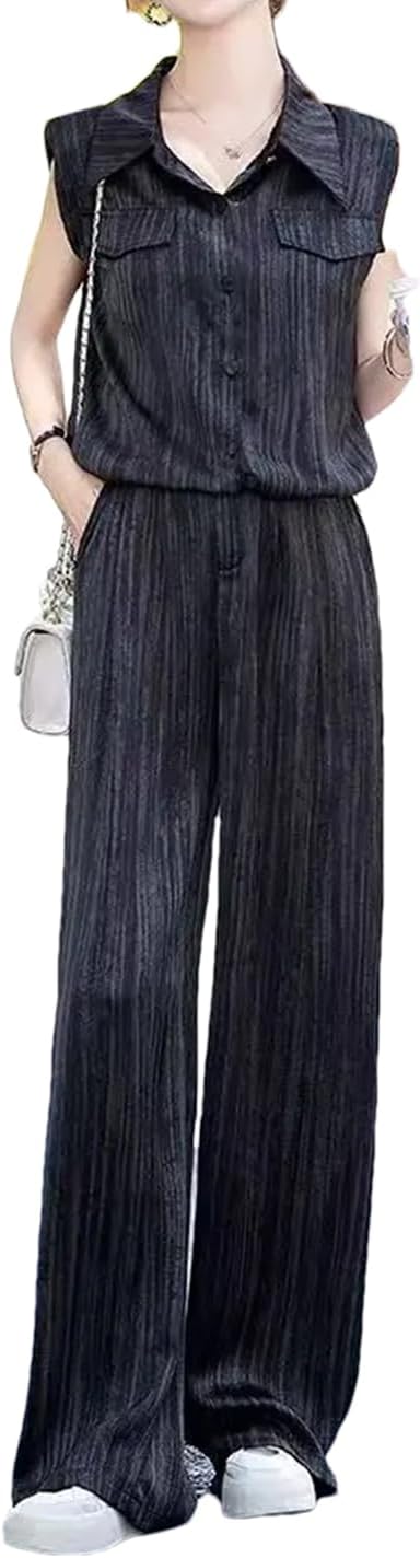 Alloaone Women Trousers Shirt Stripe Wide Leg Office Blouse and Pant Sets for Women 2 Pieces