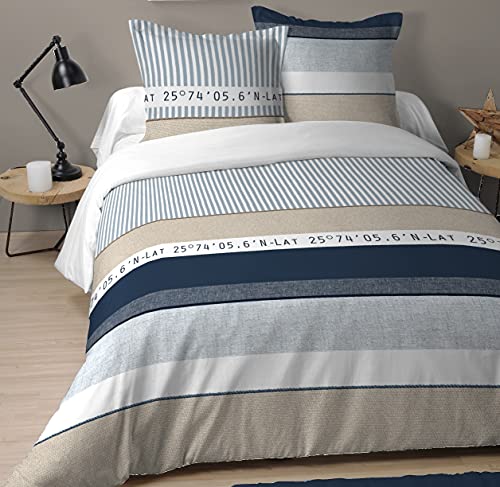 LOVELY CASA - Housse de Couette 240 x 220 cm + 2 taies d'oreiller 63 x 63 cm - OLONNE - Bleu
