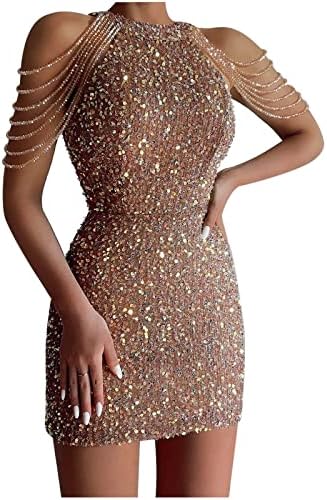 Mifsaly Womens Glamorous Sequined Mini Dress with Tassels Bodycon Sparkly Sequined Mini Dresses Sexy Sequined Cocktail Dress Khaki