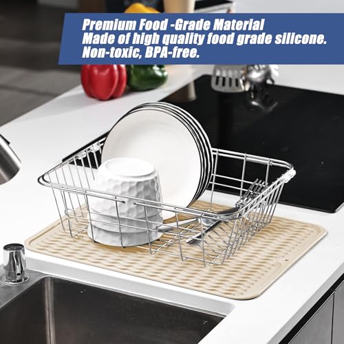 KitchenRaku Alfombrilla de goteo de 40 x 45 cm, vajilla de silicona resistente al calor, antideslizante, alfombrilla para fregadero, alfombrilla escurridora, mantel individual (beige) - imagen 4