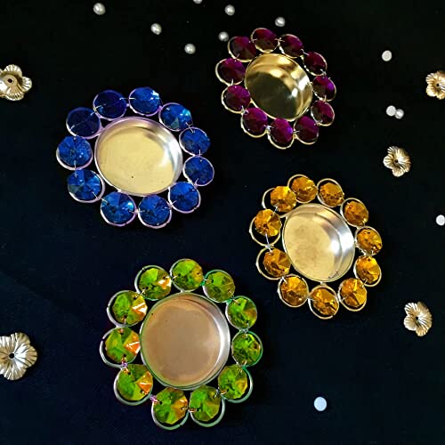 Image of CraftVatika Colorful Crystal Tealight Candle Holder Set of 4 | Home Decor, Diwali Decoration Items, Festive Decor, Pooja & Gifting | Multicolor Metal Tlight Holders for Home Pooja Decoration Items