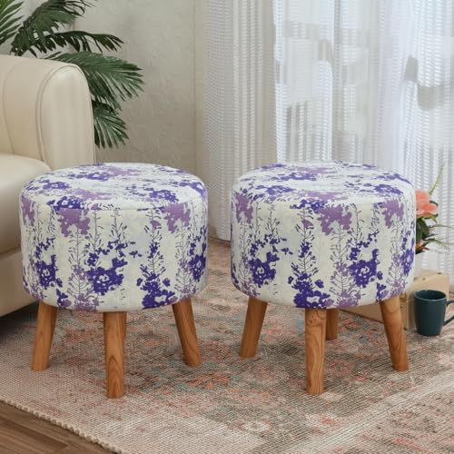 Image of NACIA Printed Ottoman Stool Set of 2 | Soft Cushioned Velvet Pouf Footrest with Wooden Legs | Decorative Seating Stool for Bedroom Living Room Home & Office (16x16x17 Inch, White Blue Leaf)