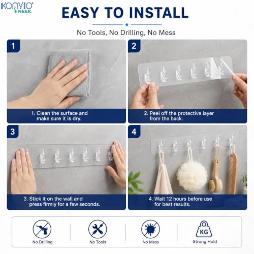 Image of KONVIO NEER Self Adhesive 6-Hook Wall Hanger, Pack of 2 Transparent | Strong self-adhesive wall hooks with 6-hook design for hanging towels, keys, clothes and kitchen essentials without drilling.