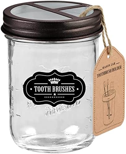 Mason Jar Toothbrush Holder -Bronze - with 16 Ounce Mason Jar,Premium Rustproof 304 Stainless Steel Lid and Chalkboard Labels - Rustic Farmhouse Decor Black Bathroom Accessories