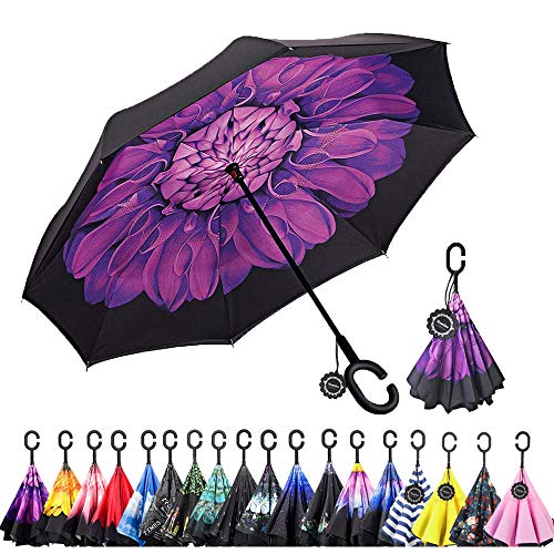 Monstleo Inverted Umbrella,Double Layer Reverse Umbrella for Car and Outdoor Use by, Windproof UV Protection Big Straight Umbrella with C-Shaped Handle and Carrying Bag (Purple)