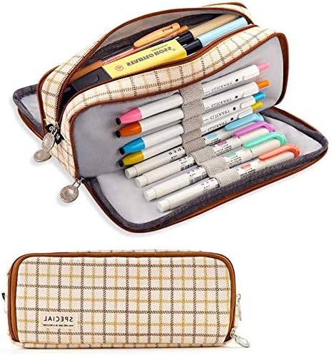 Amazon ペンケース ペンポーチ 筆箱 ペン入れ 帆布 洗える大容量 多機能 文房具 ダブルファスナー シンプル ペンバッグ キャンバス 新タイプ男の子 女の子 子供 小学生 中学生 高校生 大学生 社会人用 ブラウンチェック ペンケース 文房具 オフィス用品