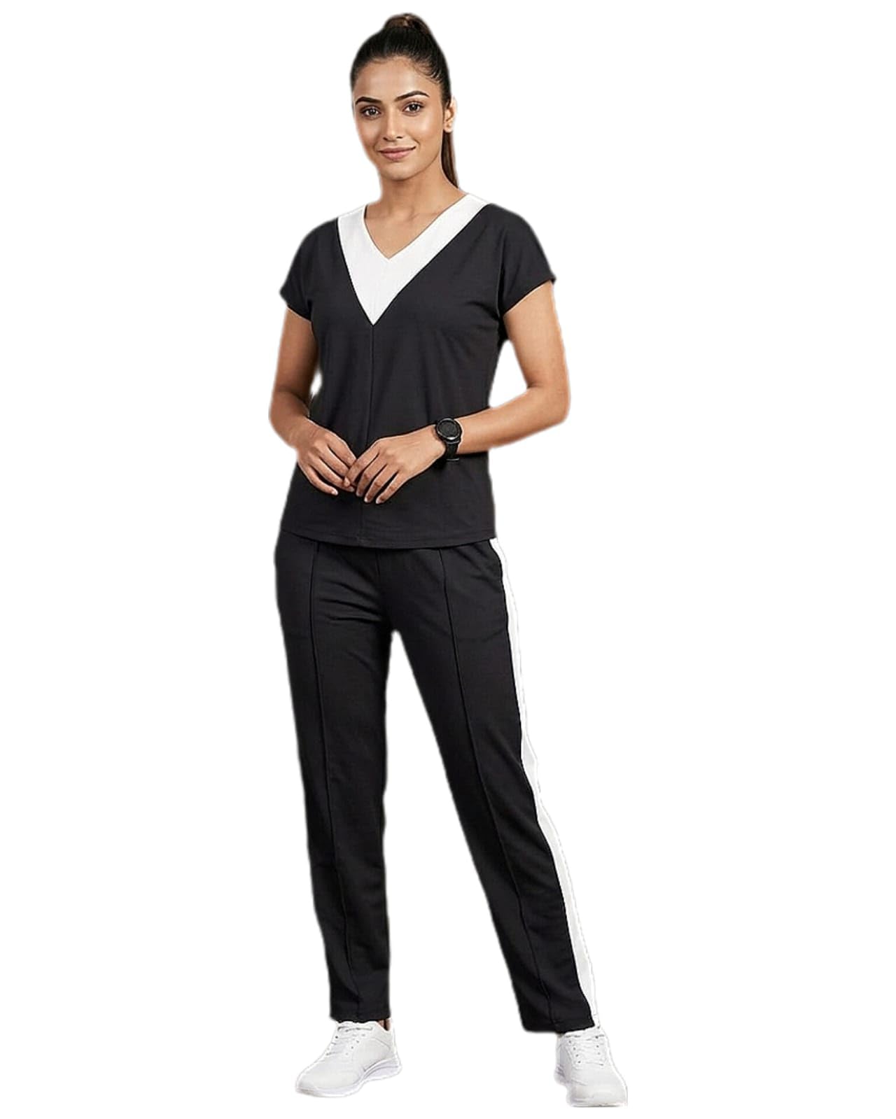Women's Cotton Blend Stylish Co-ord Set | V-Neck Short Sleeve Top and Track Pants with Side Stripe | Casual Wear & Sporty Loungewear Set (Black & White-picture-49
