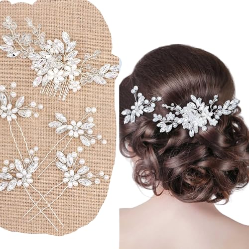 5-Piece Wedding Hair Comb Set – Crystal Pearl Bridal Hair Accessories for Bride & Bridesmaids, Rhinestone Floral Hairpins for Women, Elegant Wedding Hair Jewelry (silver)