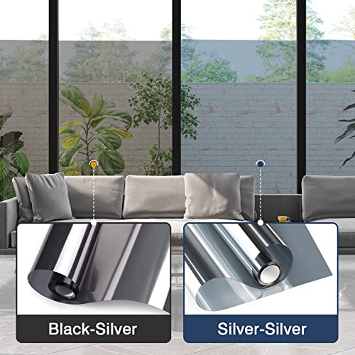 Haton One Way Window Privacy Film Window Tinting Film For Home Office Sun Blocking Heat Control Anti Uv Window Tint,Static Cling Reflective Mirror Film Non-Adhesive, Black Silver,17.5 Inch X 6.5 Feet #TOP6