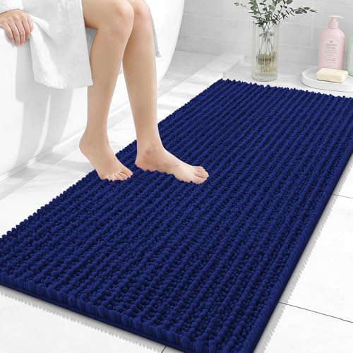 Image of OLANLY Long Bathroom Rugs Runner 47x24, Thick Soft and Absorbent Chenille Bath Mat, Non-Slip, Machine Washable Quick Dry Bath Rugs for Tub Shower Floor, Home Decor Accessories, Navy Blue