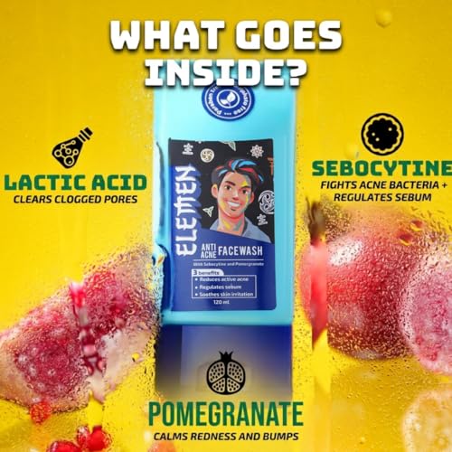 Image of Elemen Anti-Acne Face Wash for Boys (120ml) | Pimple Clear & Oil Control for Teens | Sebocytine Face Wash for Acne-Prone Skin | For Active Guys & Sports | Salicylic Acid free | Non stripping