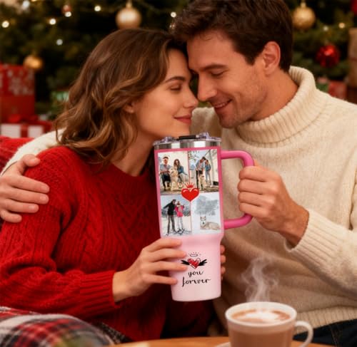 Image of Personalized 40oz Tumbler with Handle, Custom Insulated Tumblers with Pictures Logo, Stainless Steel Travel Coffee Mug, Personalized Gifts for Women Men Birthday Fathers Day Mothers Day (4 PHOTOES)