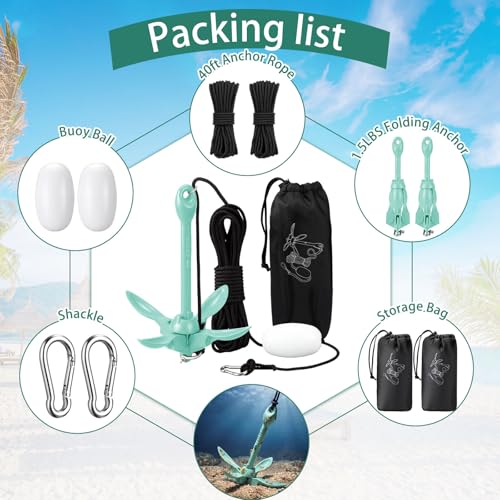 Image of Lounsweer 2 Pack 1.5 /3.5 lb Marine Kayak Anchor Kit Folding Grapnel Anchor Kit Boat Kayak Fishing Accessories for Small Boats Kayaks Canoe Paddle Boards