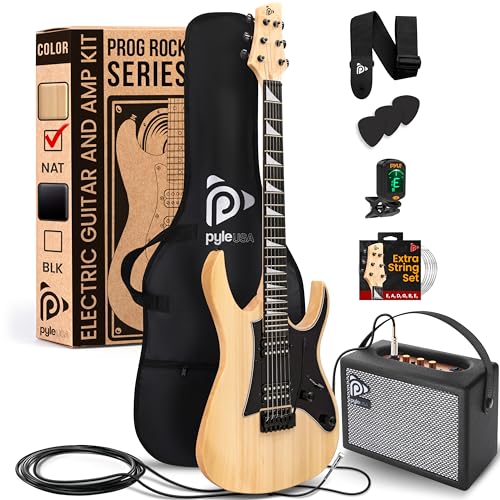 Pyle Prog Rock EG Series Electric Guitar with Amp Kit, 39" Full Size with Dual Humbucker Pickups, Low Profile Neck and Solid Paulownia Body, Premium Accessory Kit Included (Natural)