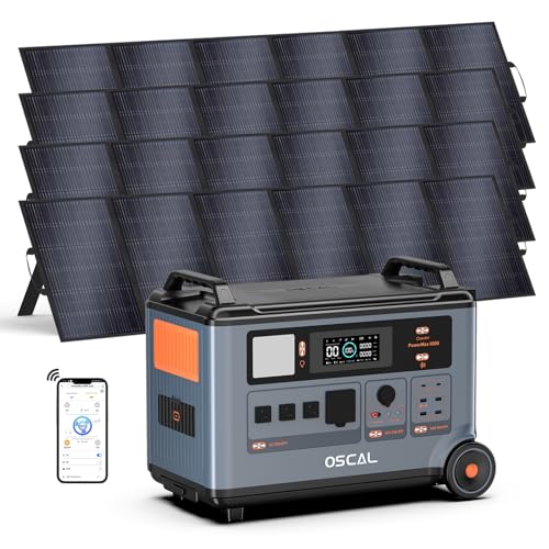 OSCAL PowerMax 6000 Solar Generator with 4x500W Solar Panels, 120/240V Split Phase Voltage 6000W AC Outlets (9000W Peak), 3600Wh Power Station Expandable to 57.6kWh, Emergency for Home