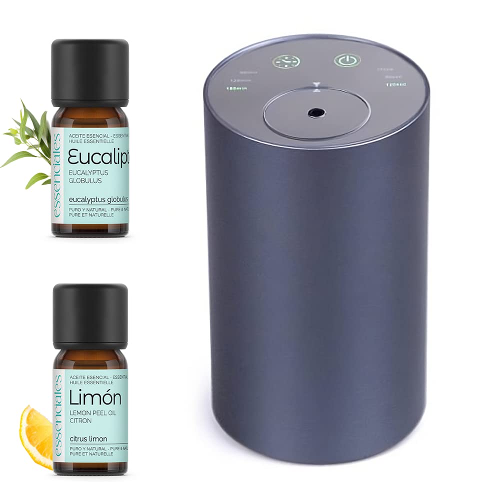 Ambientador Coche ESSENGO con Aceites Esenciales - Sin Agua, ni Cables, Incluye 2 aceites de 10ml de Limón y Eucalipto
