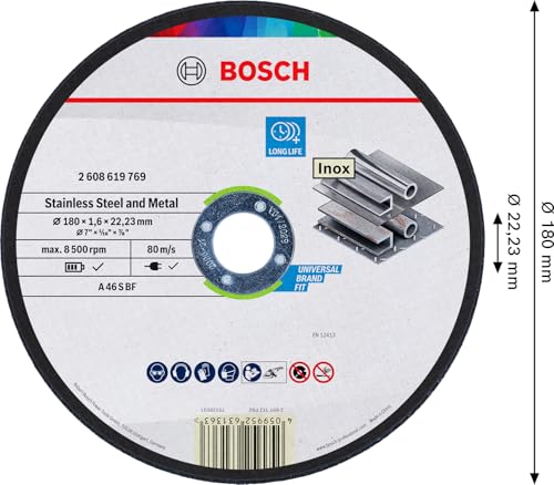 Bosch 1x Stainless Steel and Metal Trennscheibe Long Life, Bohrung 22,23 mm (für Edelstahl, Stahl, Ø 180 mm, Professional Zubehör Großer Winkelschleifer)