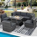 RADIATA 7 Piece Wicker Patio Furniture Set with Fire Pit, All-Weather Outdoor Sectional Couch High Back Large Size, Modular Backyard Seating Sofa Set with Propane/Natural Gas Firepit Table, Dark Gray