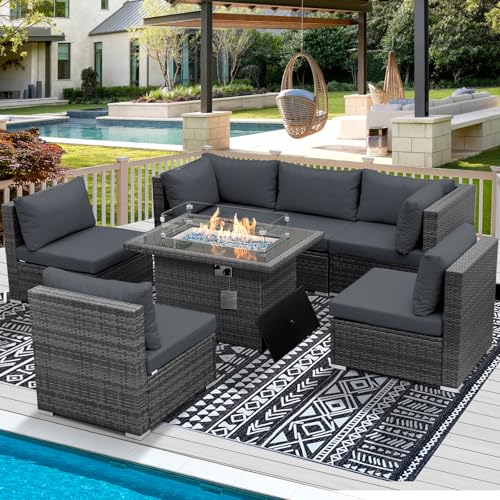 RADIATA 7 Piece Wicker Patio Furniture Set with Fire Pit,