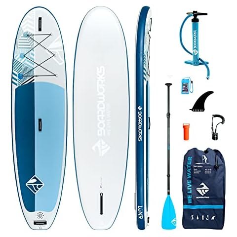 Boardworks Lūnr Inflatable Stand-Up Paddle Board (iSUP) | SUP Package Includes Three Piece Paddle, Carry Bag, Leash, Phone Case and Pump (SUP) Complete Kit | 10’5”, Blue/White Cover