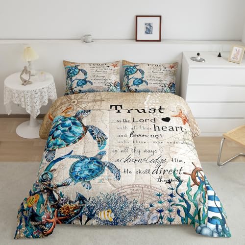 Ocean Turtle Comforter Set Twin Size,Retro Nautical Anchor Bedding Set 2pcs Undersea Fish Coral Shells Quilted Duvet for Teens Kids Girls Boys Room Decor,Bible Quotes Duvet Insert,1 Pillowcase