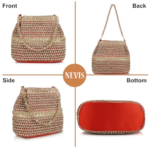 Image of Nevis Silk Fabric Premium Pearl & Crystal Embroidered Potli Bag for Women | Ethnic Bridal Clutch with Golden Handle | Party & Wedding