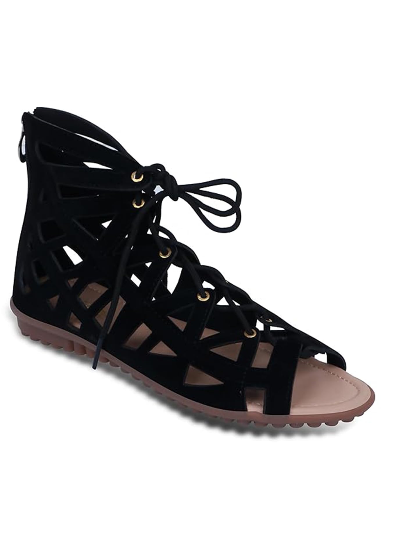 RAHEGAS Women Lace-Up Gladiator Flats with Cutwork Upper & Lightweight TPR Sole- Black-picture-30
