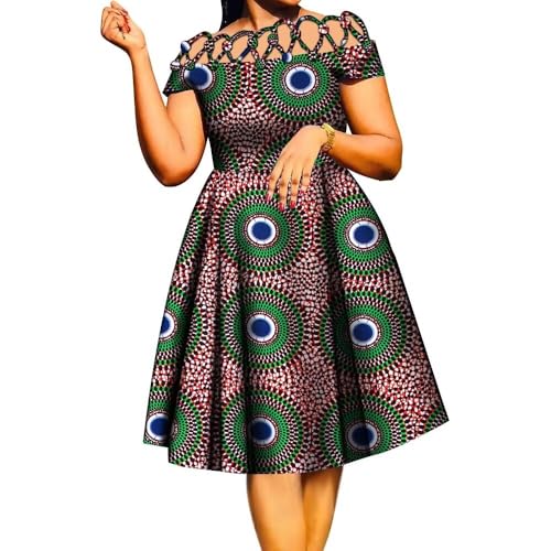 Image of XIAOHUAGUA African Dresses for Women Cotton Cutout Neck Short Sleeve Ankara Dashiki Cocktail Party A-Line Flare Dress