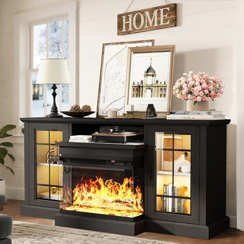 Image of MXV 59'' Fireplace TV Stand, Farmhouse Entertainment Center with 3 Sided Glass TV Stand, Modern Media Console Table with Storage Drawers & Cabinets with LED Flame and Lights for Living Room, Black