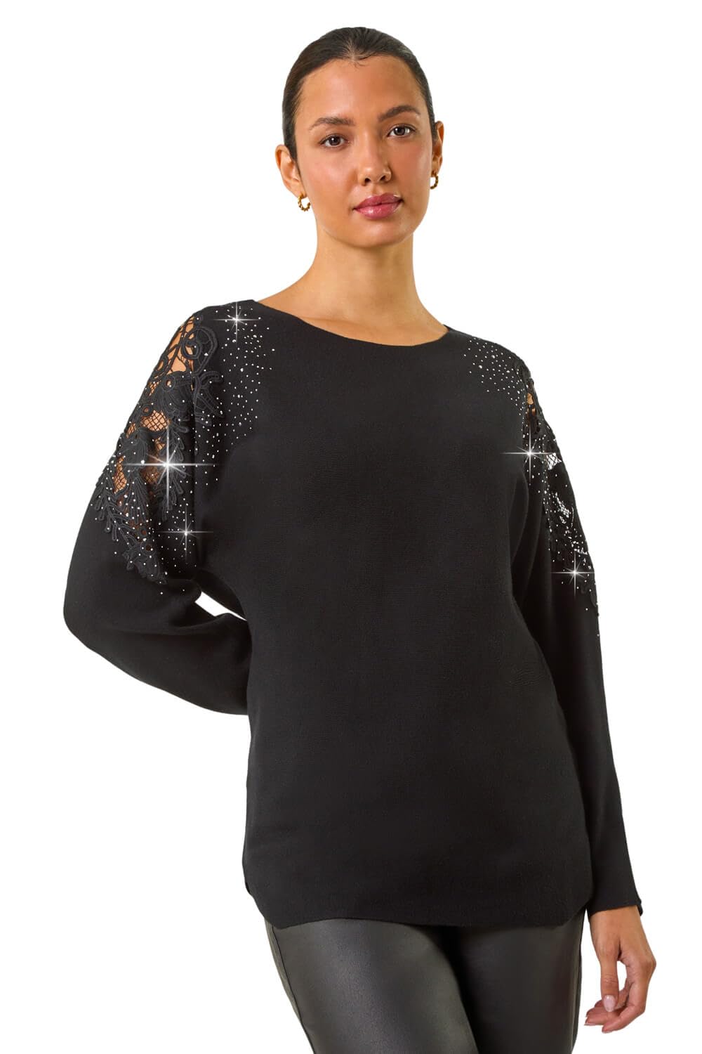 Roman Originals Diamante Sleeve Knit Jumper for Women UK - Ladies Everyday Autumn Winter Shaped Neckline Comfy Soft Evening Vacation Work Party Night Out - Black - Size L