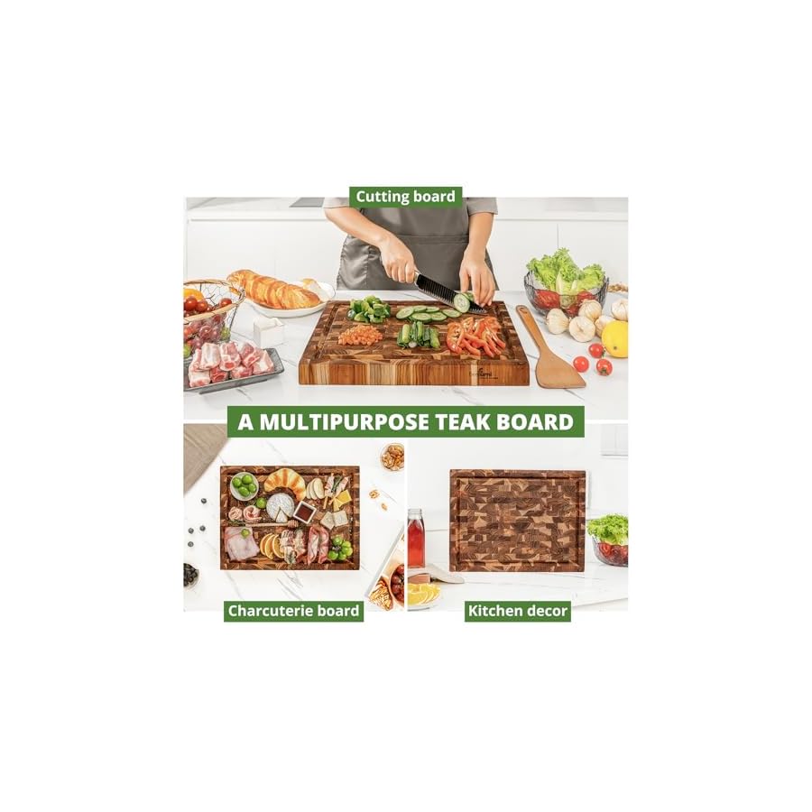 BEEFURNI-Teak-Wood-End-Grain-Cutting-Board-Wooden-Cutting-Boards-for-Kitchen-with-Juice-Groove-Hand-Grip-Small-Gifts-for-Her-1-Year-Manufacturer-Warranty-S16-L-x-12-W-x-15-T-inches BEEFURNI Teak Wood End Grain Cutting Board (S, 16x12x1.5"), Wooden Cutting Boards for Kitchen with Juice Groove Hand Grip Small, Christmas Gifts, 1-Year Manufacturer Warranty