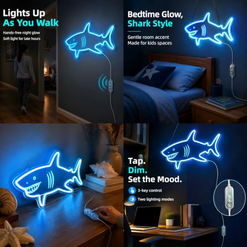 Image of Welltodo Shark Neon Sign, Motion Sensor Auto On /Off Neon Light Sign with 3-Key Dimmable Dual Mode, Safe Acrylic Flexible LED Shark Night Light, USB Powered Wall Decor Neon Signs for Bedroom Room Bathroom Party Shark Gifts