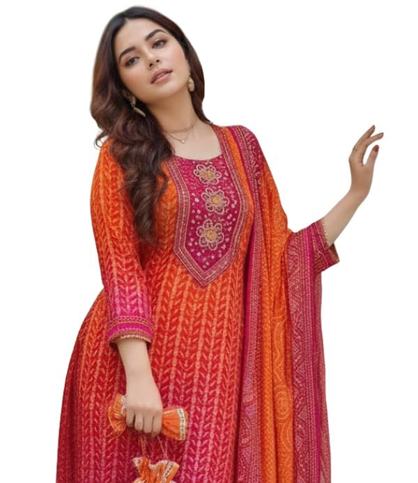 anni designer Women's Rayon Viscose Straight Bandhej Printed Kurta with Pant & Dupatta-picture-21