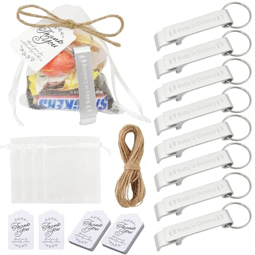 TYHBO 25 Sets Baby Favors Keychain Bottle Opener with Thank You Tag Card and Organza Bag, Baby Shower Souvenirs (Silver)