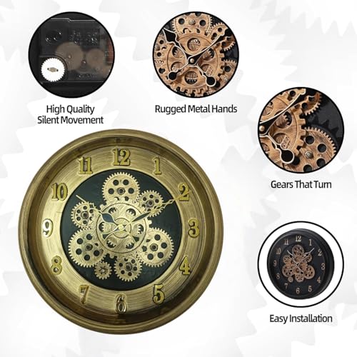 Image of De'rons Rotating Moving Gears Wall Clock Industrial Steampunk Real Moving Gear Designer Wall Clock for Living Room Home Decor Office Wooden Look Plastic Round 32cm DC-1387 (Golden)