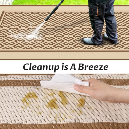 Image of Pafolo 5'x8' Outdoor Rug with LED Lights, Waterproof Plastic Straw Rug Reversible, Patio Rug with 4 Rug Stakes, Outside Carpet Mat for RV, Camping, Porch, Beach, Balcony, Picnic, Brown&White