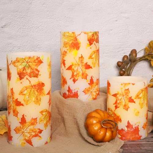 Image of Flameless Candles Remote Fall Leaves Decal Flickering Real Wax Battery Operated Candles for Home Party Wedding Botanical Christmas Fall Decorations - Set of 3