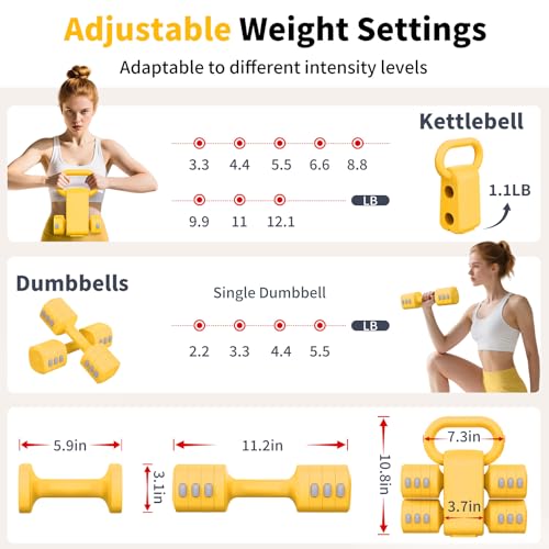 Image of Hezeyferg 2-in-1 Adjustable Dumbbells Set, 4 Levels Weight Dumbbells Set for Women Men, Each 2.2 /3.3 /4.4 /5.5lb Hand Weights with Kettlebell Form for Home Gym Exercise Training