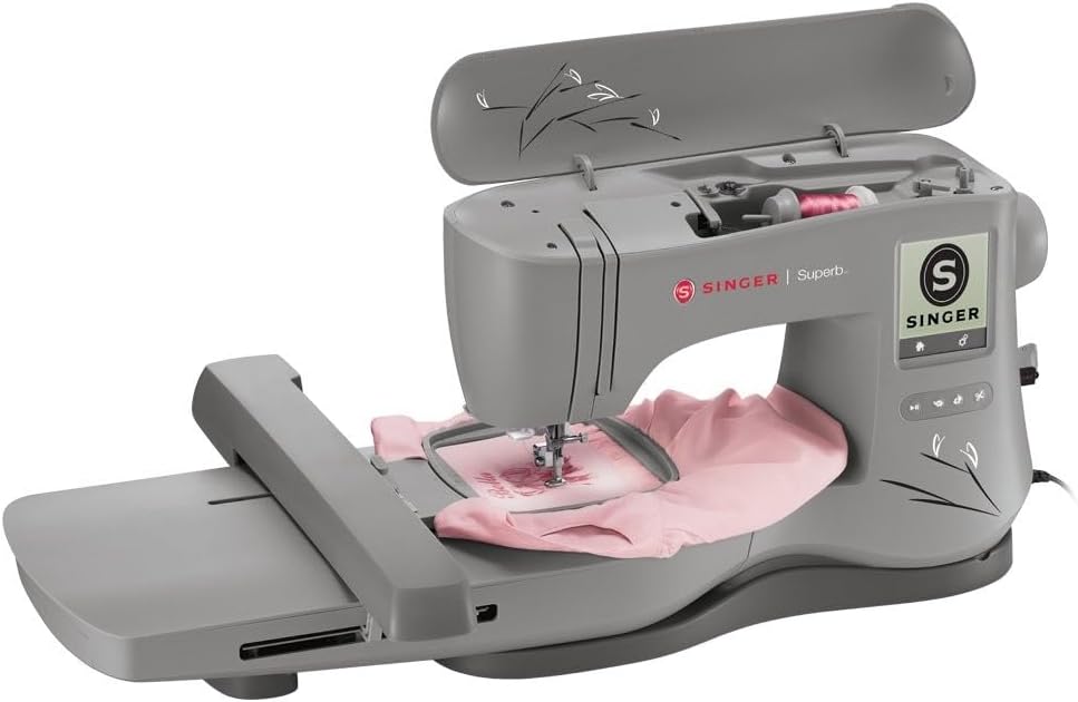 SINGER Superb EM200 Embroidery Machine actively embroidering a design on light pink fabric within a hoop.