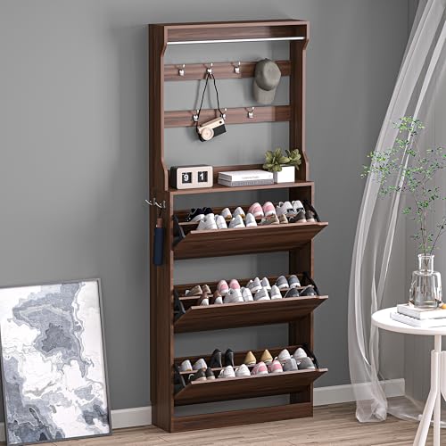 Image of BORNOON Shoe Cabinet with 3 Flip Drawers & Coat Rack, Narrow Hidden Shoe Storage Cabinet, 2-in-1 Hall Tree Slim Freestanding Shoe Rack Organizer for Entryway, Hallway, and Living Room