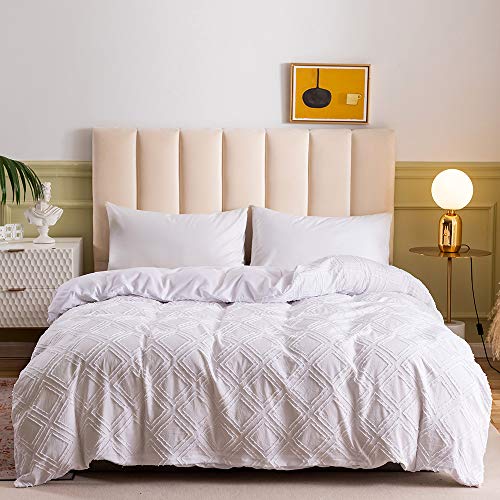 Loussiesd Tufted Chenille Bedding Set Clipped Jacquard Diamond Comforter Cover Single Size Luxury Solid White Geometric Duvet Cover Set For Kids Teens Women Men Bedroom Decor,Soft