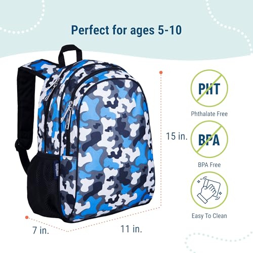 Image of Wildkin 15 Inch Backpack for Kids, Blue Camo | Ages 5-10, padded straps, side water bottle pocket - coordinates with matching Wildkin lunch boxes