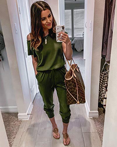 PRETTYGARDEN Women Casual Short Sleeve One Shoulder Solid Waisted Long Jumpsuit Romper, 600089 Green, Medium