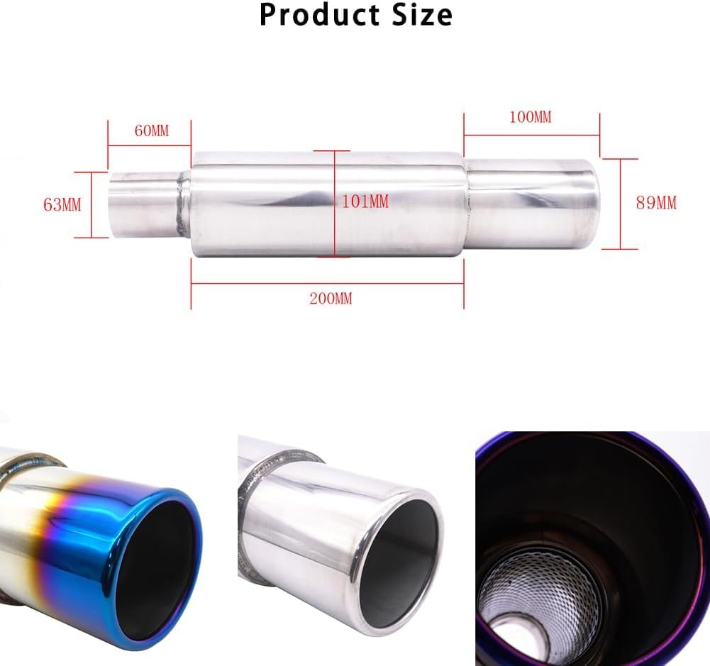 Silenziatore per auto con ingresso da 63 mm, silenziatore in acciaio inossidabile, silenziatore turbo regolabile e rimovibile con funzione di overrun