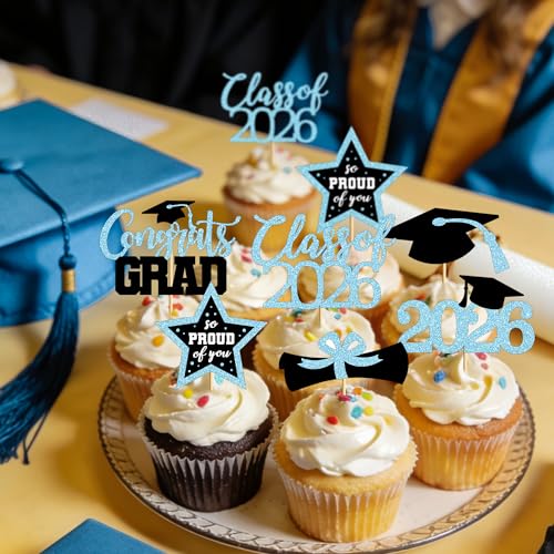 Image of 48 PCS Graduation Cupcake Toppers 2026, 6 Styles Grad Cupcake Toppers, Glittery Congrats Graduation Decor, Black and Sky Blue Cap and Diploma Cake Picks for Grad Decorations Party Supplies