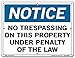 Vestil SI-N-68-B-AL-040 Notice Sign Aluminum .040" Overall Size No Trespassing on This Property Under Penalty of The Law , 9.5" Height, 12.5" Wide, 0.04" Length