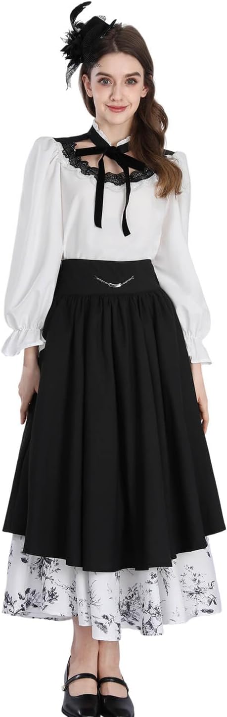 NSPSTT Victorian Dress for Women Renaissance Costume Medieval Outfit Blouse Skirt 2 Pcs Set